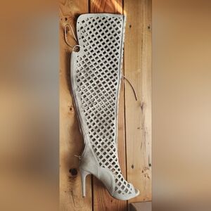 Cut Out Over the Knee Heel 4.5" Tan Suede Heels